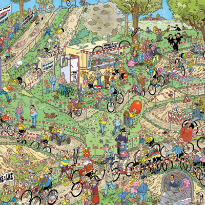 Ilustração colorida de uma pista de bicicletas cheia de ciclistas e sinais