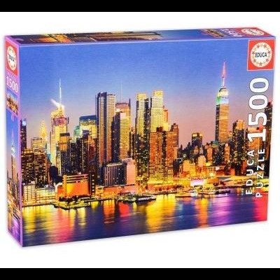 Caixa de puzzle com imagem de skyline da cidade iluminada ao entardecer, 1500 peças