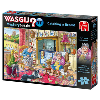 Caixa de puzzle Wasgij Mystery Puzzle 17 Catching a Break! com ilustração colorida de cena doméstica rústica com pessoas e animais.