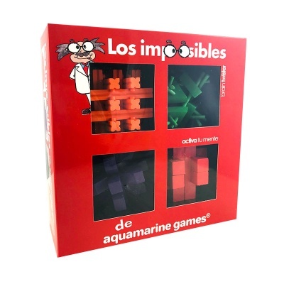 Caixa vermelha com jogo Los imposibles e quatro compartimentos com peças coloridas