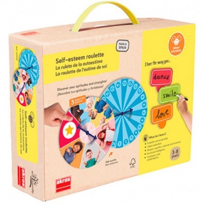 Embalagem do jogo Self-esteem roulette com roleta colorida e fotos de crianças