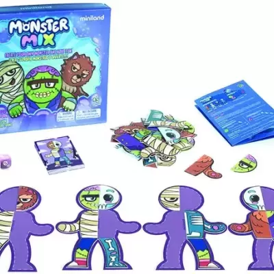 Jogo Monster Mix com peças para montar monstros e caixa azul