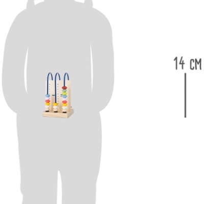 Ábaco de madeira com contas coloridas sobre base de madeira, frente a silhueta cinzenta de criança