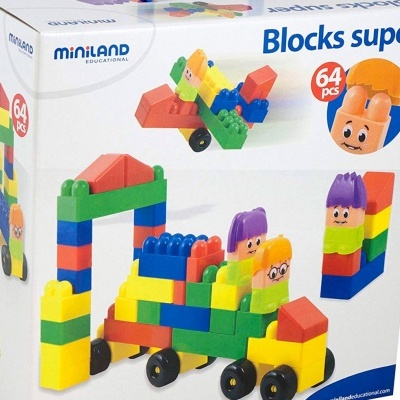Caixa de brinquedo de construção Miniland com 64 peças coloridas e figuras montadas