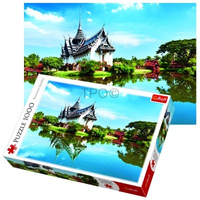 Caixa do puzzle de 1000 peças com imagem de templo tailandês e lago