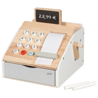 Máquina de registo de madeira branca e castanha com visor de ardósia e números nos botões