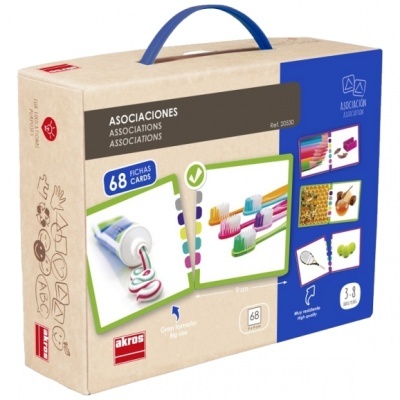 Caixa de jogo educativo ASOCIACIONES com 68 fichas e alça azul