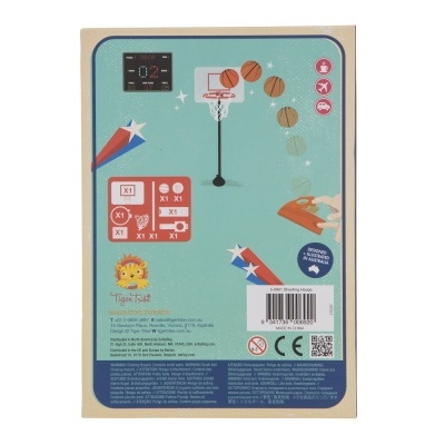 Embalagem traseira de brinquedo de madeira com instruções e ilustrações coloridas