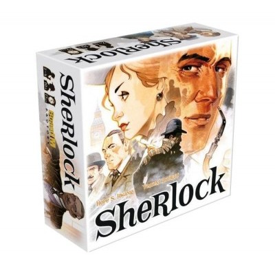 Caixa do jogo de tabuleiro Sherlock com ilustração artística de personagens