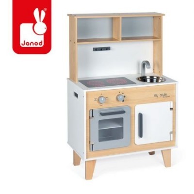 Cozinha de brincar em madeira com forno, placa de fogão e lava-loiça