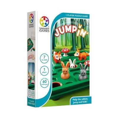 Jogo JUMP IN Smart Games com coelhos coloridos em base verde e fundo de floresta