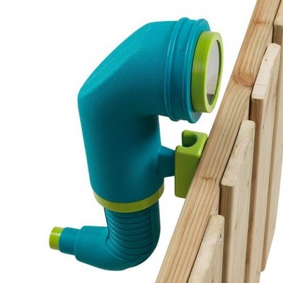 dispositivo plástico azul e verde fixado em estrutura de madeira clara