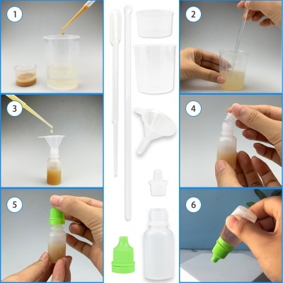 Utensílios de laboratório com frasco plástico e tampa verde para líquidos