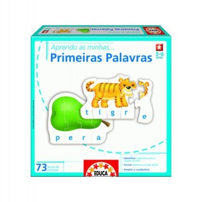Caixa de jogo de puzzle infantil da Educa com imagens de uma pera e um tigre para aprender primeiras palavras.