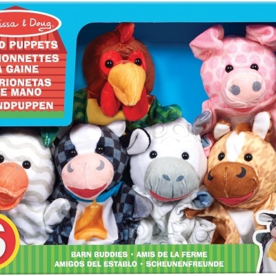 Conjunto de 6 fantoches de mão de animais da quinta Melissa & Doug na caixa.