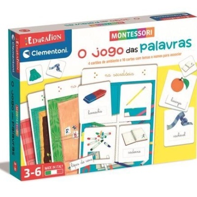 Caixa de jogo educativo Montessori 'O jogo das palavras' da Clementoni para crianças, com cartões ilustrados.