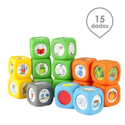 Conjunto de 15 dados coloridos com desenhos variados