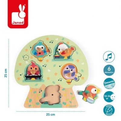 Puzzle de madeira em forma de cogumelo com animais a tocar instrumentos musicais