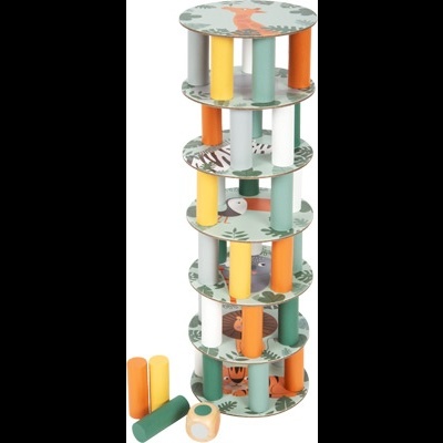 Torre de jogo de discos e peças cilíndricas coloridas com dado de jogo