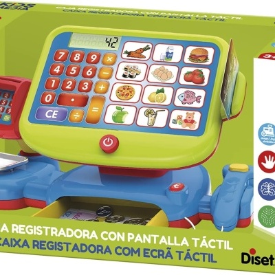 Caixa de brinquedo caixa registadora colorida com tela tátil e teclado numérico