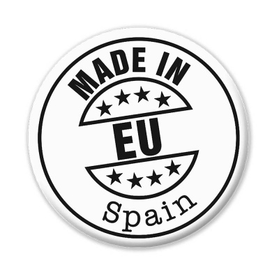 Selo redondo branco com texto MADE IN EU Spain e estrelas pretas