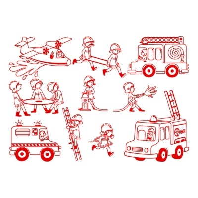 Desenho vermelho de bombeiros em várias ações com veículos e equipamentos