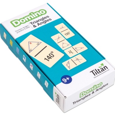 Caixa de jogo educativo Domino Triangles & Angles com peças dominó ilustradas e números de ângulos