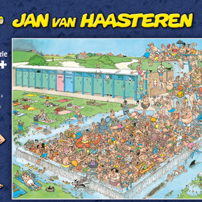 Caixa de puzzle Jan van Haasteren com imagem de piscina cheia de pessoas em estilo banda desenhada
