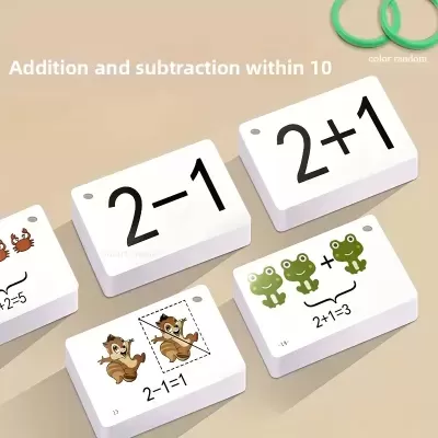 Blocos de aprendizagem matemática para crianças com operações básicas e imagens de animais