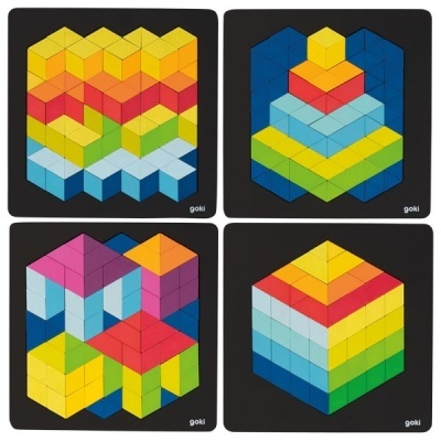 Quatro puzzles geométricos coloridos em bases pretas