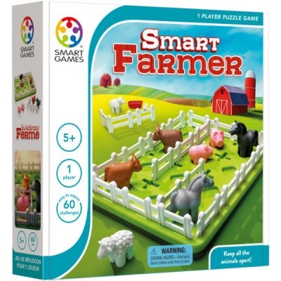 Embalagem do jogo Smart Farmer com animais de fazenda e cerca branca e texto informativo