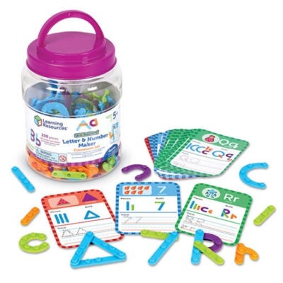 Conjunto educativo Letter & Number Maker com 200 peças coloridas e cartas ilustradas em frasco plástico com tampa roxa