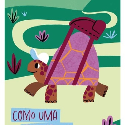 Desenho de tartaruga com capacete e suporte, texto 'SER AUTÓNOMO COMO UMA TARTARUGA'