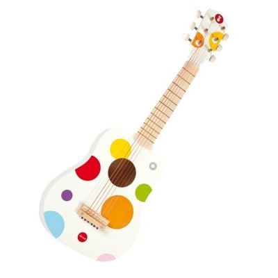 Violão infantil branco com círculos coloridos e braço de madeira clara