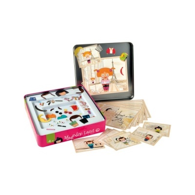 Jogo magnético infantil com caixa metálica, peças magnéticas e cartas ilustrativas