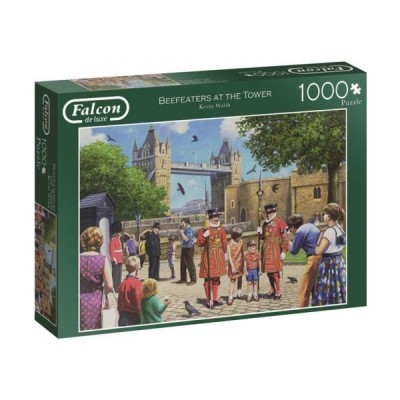Caixa de puzzle Falcon com imagem dos Beefeaters na Torre de Londres e o Tower Bridge ao fundo.