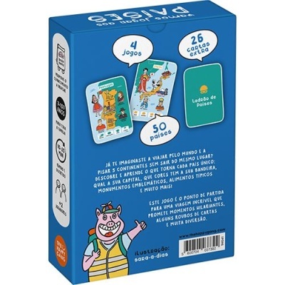 Embalagem azul do jogo de cartas Lados de Países com ilustracoes coloridas