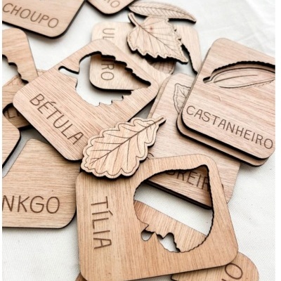 Peças em madeira com recortes de folhas e nomes em português
