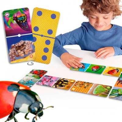 Dominó com cartas de insetos coloridos e menino a jogar