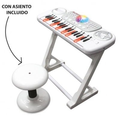 Teclado musical infantil branco com banco redondo branco