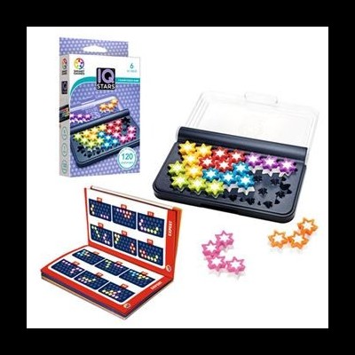 Jogo de tabuleiro IQ Stars com estrelas coloridas e caixa azul e branca