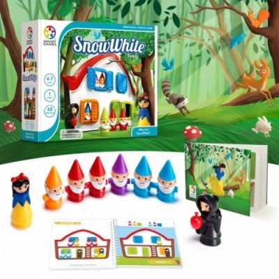 Jogo Snow White com bonecos coloridos, cartas, livro e caixa em fundo de floresta