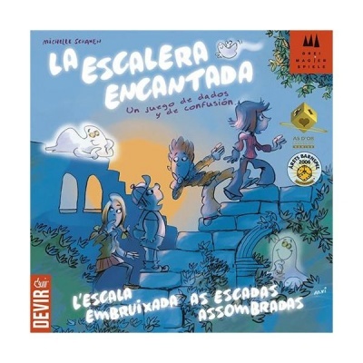 Caixa de jogo LA ESCALERA ENCANTADA com ilustração colorida de personagens em escadas e fantasmas.