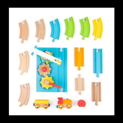 Brinquedo de comboio em madeira colorido desmontado com trilhos e engrenagens