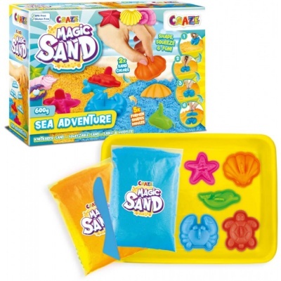 Brinquedo Magic Sand com areia colorida azul e amarela e moldes em tabuleiro amarelo