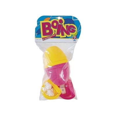 Brinquedo Boing com raquete rosa e amarela e bolas brancas na embalagem