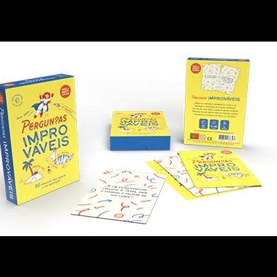 Jogo de cartas Perguntas IMPROVÁVEIS com caixa amarela e azul e cartas coloridas