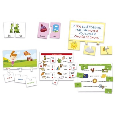 Cartas educativas coloridas com palavras, imagens e frases em português.