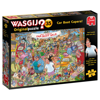 Caixa de puzzle Wasgij Original 35 Car Boot Capers com 1000 peças e ilustração de feira com carros e pessoas