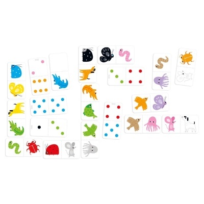 Peças de dominó com bolinhas coloridas e imagens de animais.